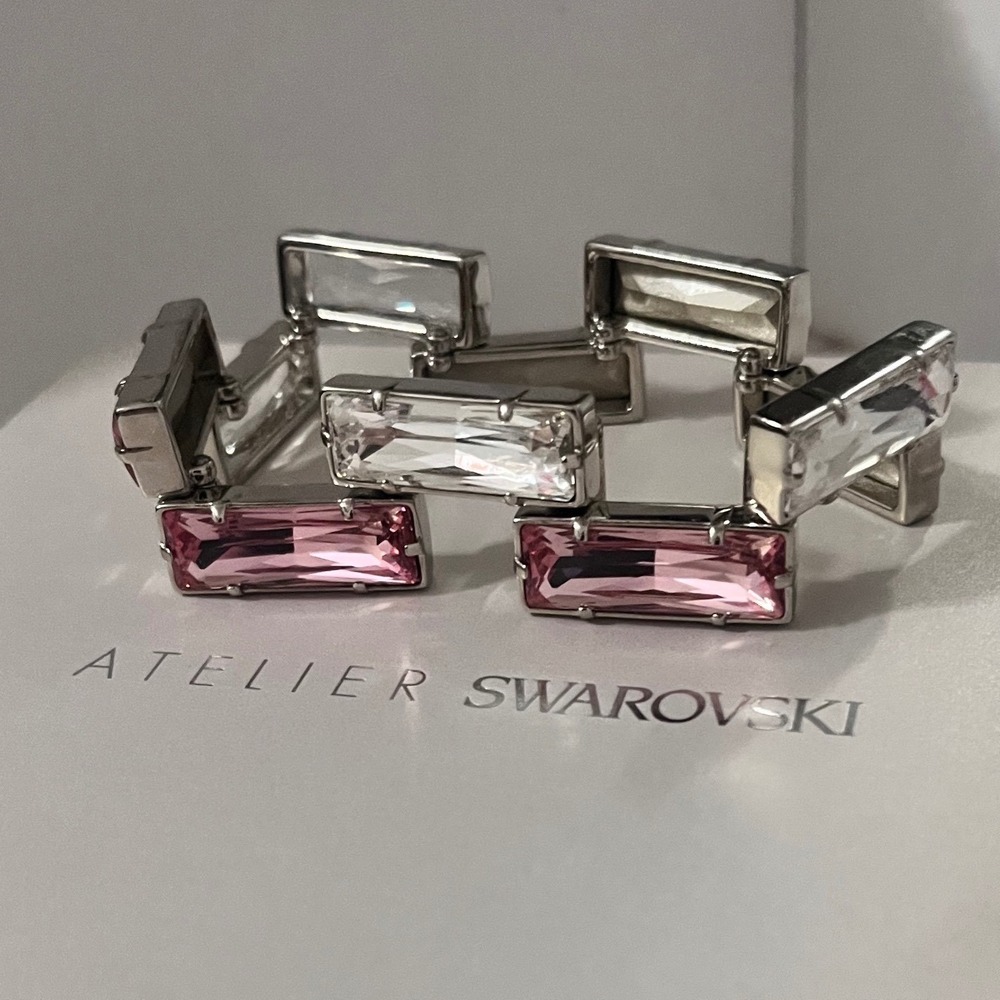 New ATELIER SWAROVSKI Nile Pink & Clear Crystal Baguette Link Bracelet 8" NIB